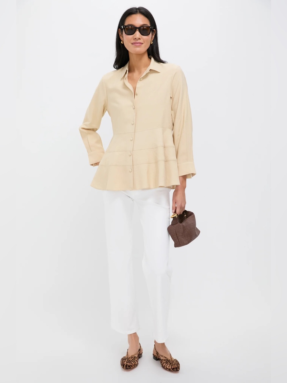 Tuckernuck Still in Stores Pomander Place Tan Ashlen Peplum Blouse Shirt Sz L